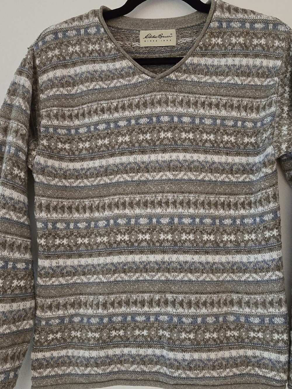 Vintage Eddie Bauer V-Neck Fair Isle Sweater in Taupe and Light Blue